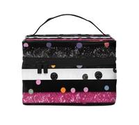 Trousse de maquillage de voyage noire et blanche à paillettes arc-en-ciel à pois et rayures avec poignée pour femmes et filles, Noir , Taille unique, Trousse de maquillage