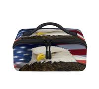 Trousse de maquillage de voyage portable avec motif aigle à tête blanche avec drapeau américain, pochette étanche, trousse de toilette ouverte plate, trousse de toilette, organisateur de voyage pour