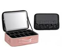 Trousse de maquillage de voyage portable de grande capacité, 3 niveaux de mode source de lumière à intensité variable, miroir lumineux de remplissage LED, boîte de rangement amovible et réglable, rose