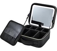 Trousse de maquillage de voyage portable de grande capacité, 3 niveaux de mode source de lumière à intensité variable, miroir lumineux de remplissage LED, boîte de rangement amovible et réglable, Noir