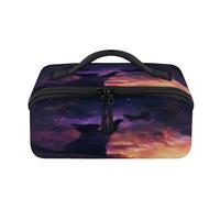 Trousse de maquillage de voyage portable étanche avec motif chat noir galaxie et ciel - Trousse de toilette ouverte plate - Organiseur de voyage pour femme et homme