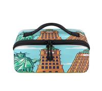 Trousse de maquillage de voyage portable étanche avec motif de monuments célèbres de dessin animé, trousse de toilette ouverte, trousse de toilette, organisateur de voyage pour femmes et hommes