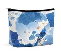 Trousse de maquillage de voyage portable pour femme - Bleu et blanc - Style chinois - Fleur et oiseau - Avec fermeture éclair - Étanche - Ouverte - Trousse de toilette plate - Jolie pochette de