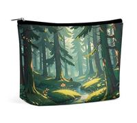 Trousse de maquillage de voyage portable pour femme - Fantastique nature sauvage enchantée sur vert foncé - Trousse de maquillage avec fermeture éclair - Étanche - Ouverte - Trousse de toilette plate