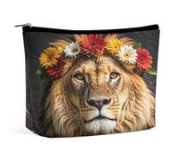 Trousse de maquillage de voyage portable pour femme Lion africain portant une fleur sur la tête - Trousse de maquillage avec fermeture éclair - Étanche - Ouverte - Trousse de toilette plate - Jolie