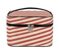 Trousse de maquillage de voyage pour femme avec poignée et corde fixe élastique - Grande capacité - Ligne rouge beige, Ligne rouge et beige, Taille unique, Trousse de maquillage