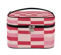 Trousse de maquillage de voyage pour femme avec poignée et corde fixe élastique - Grande capacité - Motif grille rose rouge beige, Grille rose, rouge, beige, Taille unique, Trousse de maquillage