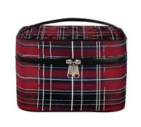 Trousse de maquillage de voyage pour femme avec poignée et corde fixe élastique - Grande capacité - Rouge - Noir et blanc, Grille rouge, noire, blanche, Taille unique, Trousse de maquillage