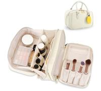 Trousse de maquillage de voyage pour femme - Grande capacité - Poche ouverte plate - Organiseur portable étanche - Grande ouverture - Porte-pinceaux vertical autoportant pour un accès facile, beige