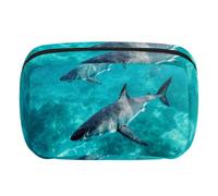 Trousse de maquillage de voyage pour femme, grande capacité, pochette à grande ouverture, accessoires de toilette, pinceaux, chat amusant qui chevauche un requin, Multicolore 18., Taille unique