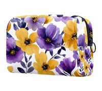 Trousse de maquillage de voyage pour femme, jaune et violet, motif floral aquarelle, trousse à crayons, trousse de maquillage portable pour filles, Multicolore 01., 18.5x7.5x13cm/7.3x3x5.1in