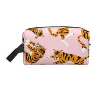 Trousse de Maquillage de Voyage pour Femme, Motif Animaux de Cirque, Tigres Mignons sur Fond Rose, Grande capacité