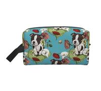 Trousse de Maquillage de Voyage pour Femme, Motif Chiot Boston Terrier avec Fleurs et Abeilles, Grande capacité