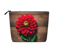 Trousse de maquillage de voyage rétro en bois avec motif floral rouge et dahlia, grande capacité pour femme, trousse de toilette portable