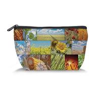 Trousse de maquillage de voyage sur le thème de la tête de mort, chat squelette avec griffonnage floral, trousse de toilette pour femme, noir et bleu (trépézoïde), Multicolore 9, Taille unique,