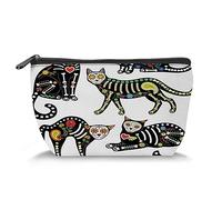 Trousse de maquillage de voyage sur le thème de la tête de mort, chat squelette avec griffonnage floral, trousse de toilette pour femme, noir et bleu (trépézoïde), Multicolore 18, Taille unique,