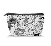 Trousse de maquillage de voyage sur le thème de la tête de mort, chat squelette avec griffonnage floral, trousse de toilette pour femme, noir et bleu (trépézoïde), Noir et blanc_10, Taille unique,