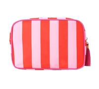 Trousse de maquillage de voyage tendance à rayures avec pompons amovibles et compartiments multicouches pour un emballage efficace, Rouge