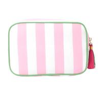 Trousse de maquillage de voyage tendance à rayures avec pompons amovibles et compartiments multicouches pour un emballage efficace, C