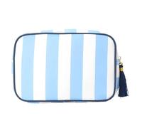 Trousse de maquillage de voyage tendance à rayures avec pompons amovibles et compartiments multicouches pour un emballage efficace, bleu