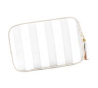 Trousse de maquillage de voyage tendance à rayures avec pompons amovibles et compartiments multicouches pour un emballage efficace, Blanc/gris