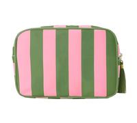 Trousse de maquillage de voyage tendance à rayures avec pompons amovibles et compartiments multicouches pour un emballage efficace, D
