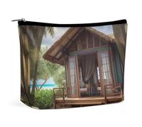 Trousse de maquillage de voyage, trousse de toilette portable, romantique, bungalow en bois, grande capacité, pochette à fermeture éclair, trousse de maquillage, trousse de toilette étanche pour femme