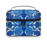 Trousse de Maquillage de Voyage Vintage à imprimé Bandana Floral Bleu pour Femmes, Organiseur avec Compartiments à poignées Souples, Trousse de Toilette de Grande capacité pour Hommes, Trousse de ma