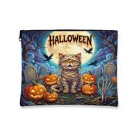 Trousse de maquillage d'Halloween à poils courts avec motif de chats pour vacances, cimetière, pochette de voyage pour femmes, cadeaux pour filles, citrouilles, petite toile portable avec fermeture