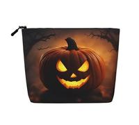 Trousse de maquillage d'Halloween avec imprimé citrouille pour femme, trousse de maquillage en faux lin, grande capacité, parfaite pour les voyages et un usage quotidien, Noir , Taille unique