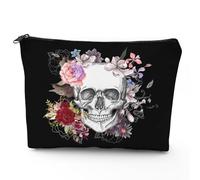 Trousse de maquillage d'Halloween avec motif tête de mort et fleurs, grande capacité, motif squelette gothique, fermeture éclair, articles de toilette portables noirs avec doublure, Tête de mort