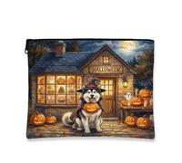 Trousse de maquillage d'Halloween Malamutes de l'Alaska avec motif de citrouilles mignonnes pour femmes et filles, petite trousse de maquillage portable en toile avec fermeture éclair, 17,8 x 22,9 cm