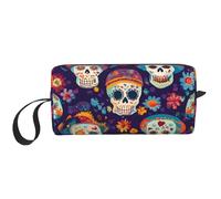 Trousse de maquillage d'Halloween résistante à l'eau avec motif squelette et fleur pour homme et femme, pochette de rangement pour cosmétiques avec fermeture éclair, petit sac à outils portable
