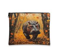 Trousse de maquillage d'hippopotame sauvage, scène de feuille de forêt d'automne, pochette de voyage pour femmes, cadeaux pour filles, animal portable, petite toile à fermeture éclair, 17,8 x 22,9 cm