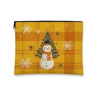 Trousse de maquillage d'hiver bonhomme de neige, pochette de maquillage à carreaux jaunes pour femme, organiseur portable en toile avec fermeture éclair, trousse de toilette de Noël, jaune, 7x9 Inch