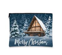 Trousse de maquillage d'hiver, pochette de voyage rustique « Merry Christmas » pour femme, petite pochette portable en toile à fermeture éclair, trousse de toilette pour les vacances, bleu, 7x9 Inch