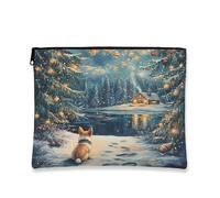 Trousse de maquillage d'hiver pour chien, scène de nuit bleue, pochette de voyage pour femme, organiseur portable en toile avec fermeture éclair, trousse de toilette de vacances, 17,8 x 22,9 cm