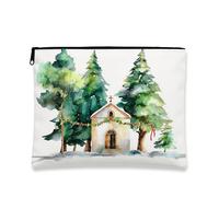 Trousse de maquillage d'hiver pour femme, trousse de toilette vintage aquarelle pour femme, organiseur de toilette portable en toile avec fermeture éclair, blanc, 7x9 Inch, Église