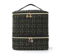 Trousse de maquillage double couche en soie dorée - Grande capacité, organiseur de vernis à ongles haut de gamme avec poignée portable, rangement chic pour les voyages et l'utilisation quotidienne