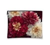 Trousse de maquillage élégante à motif floral, dahlias bordeaux et beige, trousse de maquillage de voyage vintage pour femme, organiseur portable en toile avec fermeture éclair, trousse de toilette