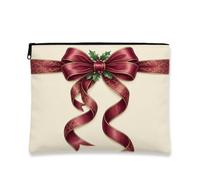 Trousse de maquillage élégante avec nœud en ruban de Noël 17,8 x 22, | Ruban de satin bordeaux, pochette de maquillage zippée, accents de feuilles de houx, élégance hivernale, fond crème