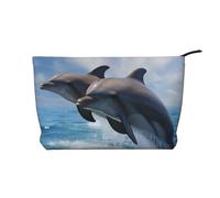 Trousse de maquillage élégante en velours côtelé imprimé deux dauphins pour voyage et usage quotidien, Noir , Taille unique, Trousse de maquillage