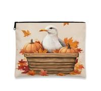 Trousse de maquillage en bois d'oiseau et mouette d'automne, citrouilles d'automne, pochette de voyage pour femmes et filles, petite toile portable avec fermeture éclair, 17,8 x 22,9 cm