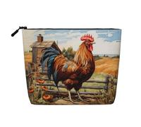 Trousse de maquillage en chanvre avec imprimé coq sur bois dans les terres agricoles, trousse de toilette de voyage pour femme, rangement quotidien, voyages d'affaires, et plus encore, Coq sur bois