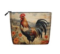 Trousse de maquillage en chanvre avec imprimé coq sur bois dans les terres agricoles, trousse de toilette de voyage pour femme, rangement quotidien, voyages d'affaires, et plus encore, Coq sur bois