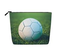 Trousse de maquillage en chanvre avec imprimé libellule bleue - Trousse de toilette de voyage pour femme, rangement quotidien, voyages d'affaires, et plus encore, Ballon de football vert sur herbe