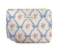 Trousse de maquillage en coton avec nœud mignon et fleur pour femme avec fermeture éclair - Organisateur de cosmétiques - Sac à main en tissu portable pour filles, Pochette bleue, Taille unique