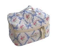 Trousse de maquillage en coton avec nœud mignon et fleur pour femme avec fermeture éclair - Organisateur de cosmétiques - Sac à main en tissu portable pour filles, Trousse de maquillage bleue, Taille