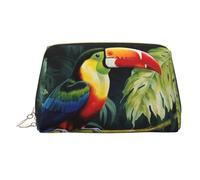 Trousse de maquillage en cuir à carreaux indiens arabes - Grande capacité - Sac de rangement de voyage à double usage - Trousse de toilette et de maquillage, Perchoir toucan des forêts tropicales