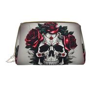 Trousse de maquillage en cuir avec fermeture éclair et motif tête de mort et rose rouge, blanc, Taille unique